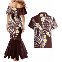 Plumeria With Oxblood Polynesian Tattoo Pattern Couples Matching Mermaid Dress and Hawaiian Shirt LT05 - Polynesian Pride