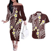Plumeria With Oxblood Polynesian Tattoo Pattern Couples Matching Off The Shoulder Long Sleeve Dress and Hawaiian Shirt LT05 Red - Polynesian Pride