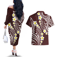 Plumeria With Oxblood Polynesian Tattoo Pattern Couples Matching Off The Shoulder Long Sleeve Dress and Hawaiian Shirt LT05 - Polynesian Pride