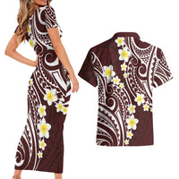 Plumeria With Oxblood Polynesian Tattoo Pattern Couples Matching Short Sleeve Bodycon Dress and Hawaiian Shirt LT05 - Polynesian Pride