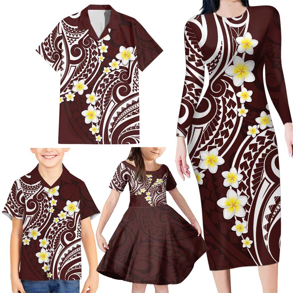 Plumeria With Oxblood Polynesian Tattoo Pattern Family Matching Long Sleeve Bodycon Dress and Hawaiian Shirt LT05 - Polynesian Pride