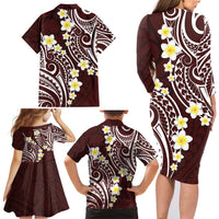 Plumeria With Oxblood Polynesian Tattoo Pattern Family Matching Long Sleeve Bodycon Dress and Hawaiian Shirt LT05 - Polynesian Pride