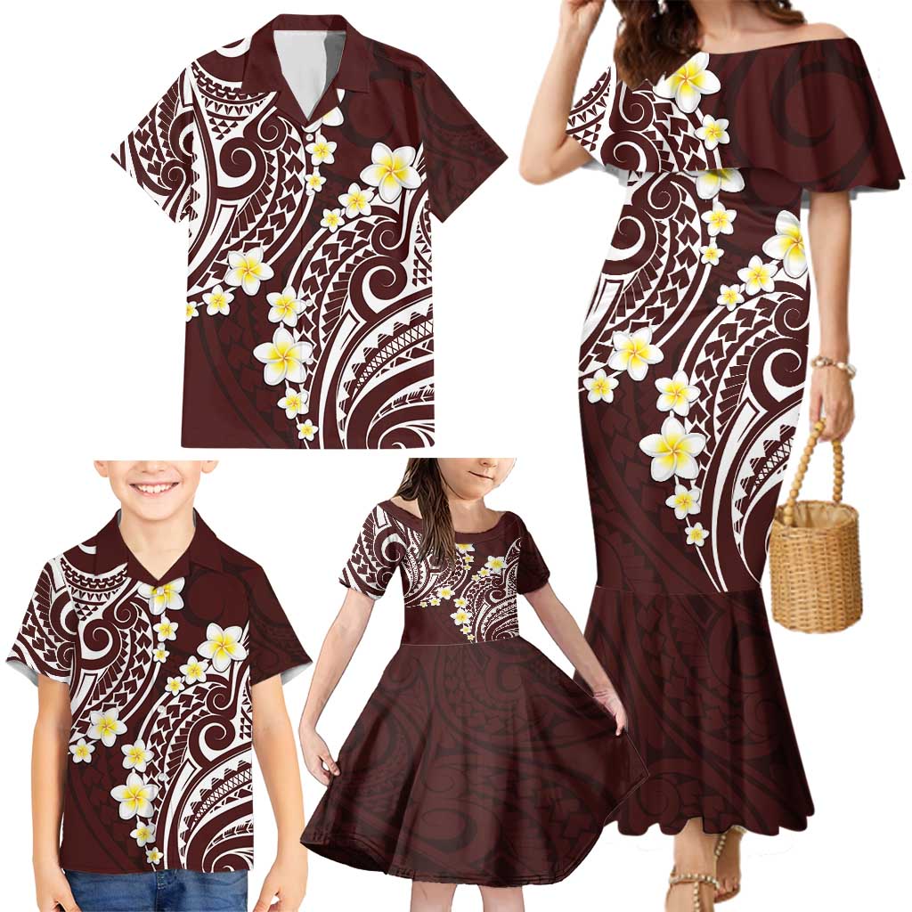 Plumeria With Oxblood Polynesian Tattoo Pattern Family Matching Mermaid Dress and Hawaiian Shirt LT05 - Polynesian Pride