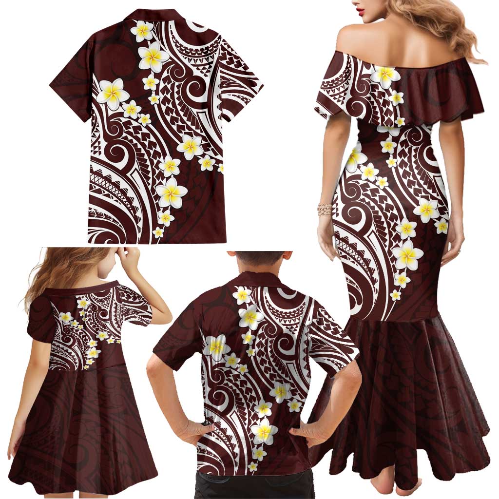 Plumeria With Oxblood Polynesian Tattoo Pattern Family Matching Mermaid Dress and Hawaiian Shirt LT05 - Polynesian Pride