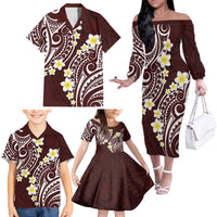 Plumeria With Oxblood Polynesian Tattoo Pattern Family Matching Off The Shoulder Long Sleeve Dress and Hawaiian Shirt LT05 - Polynesian Pride