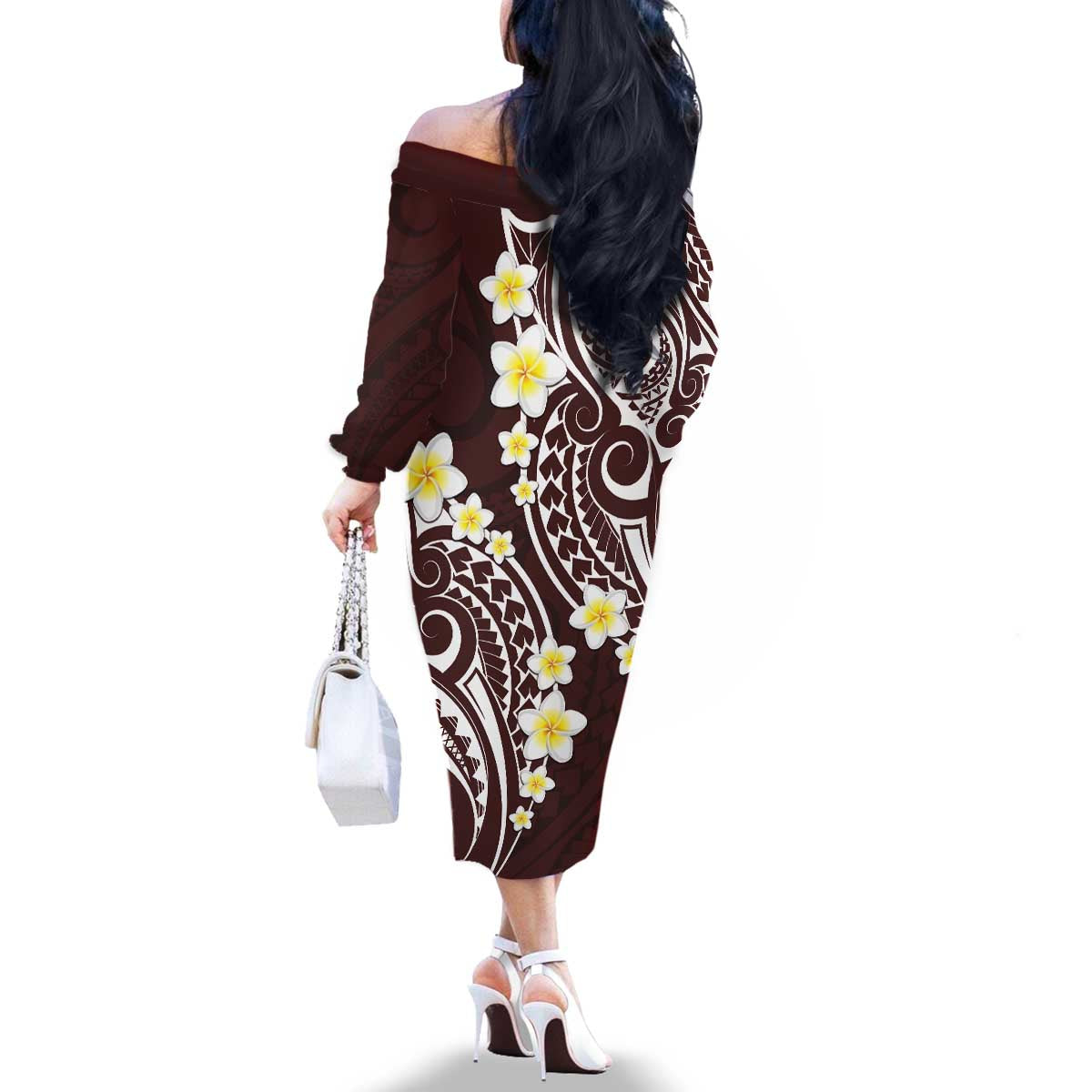 Plumeria With Oxblood Polynesian Tattoo Pattern Family Matching Off The Shoulder Long Sleeve Dress and Hawaiian Shirt LT05 - Polynesian Pride