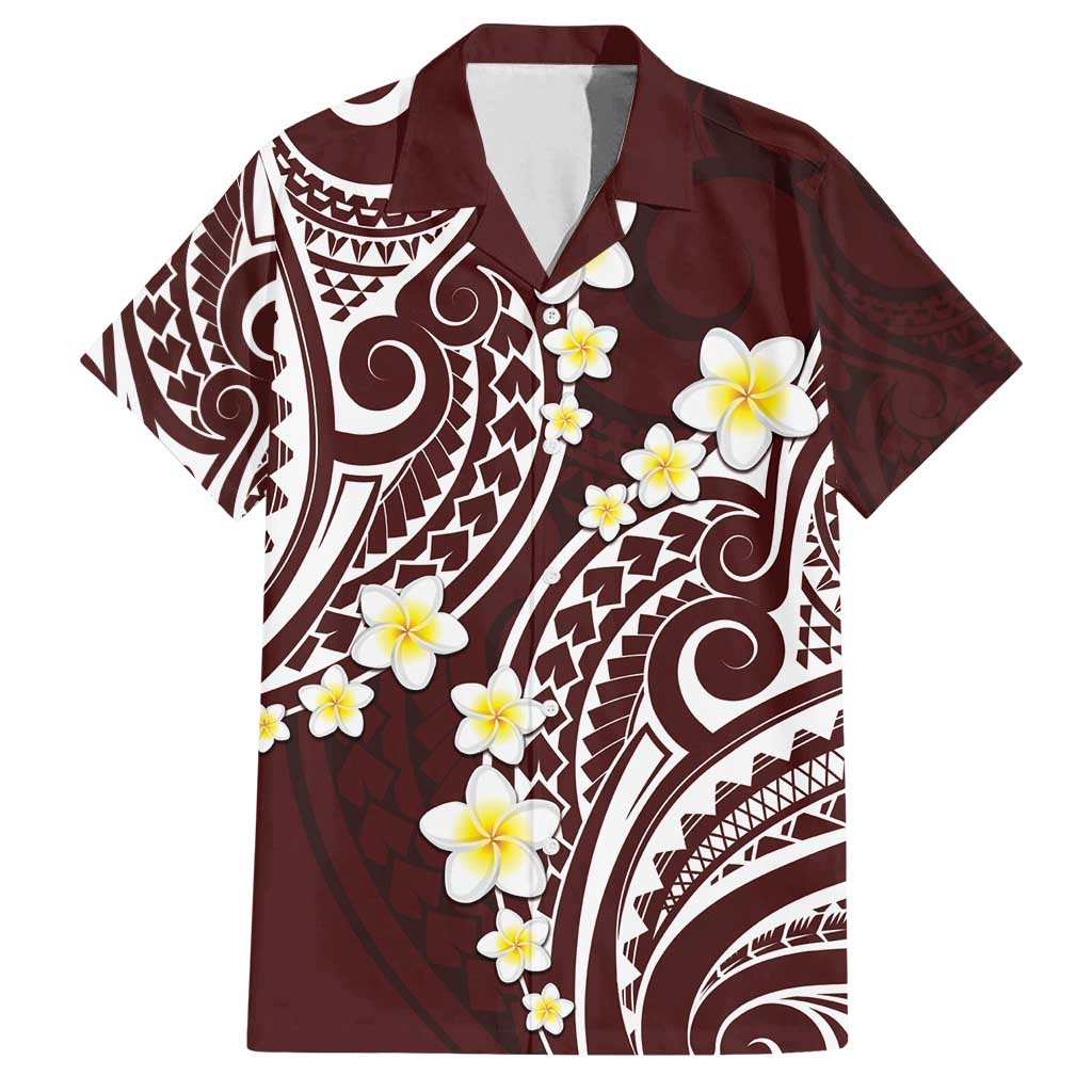 Plumeria With Oxblood Polynesian Tattoo Pattern Family Matching Off Shoulder Maxi Dress and Hawaiian Shirt LT05 Dad's Shirt - Short Sleeve Red - Polynesian Pride