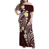 Plumeria With Oxblood Polynesian Tattoo Pattern Family Matching Off Shoulder Maxi Dress and Hawaiian Shirt LT05 Mom's Dress Red - Polynesian Pride