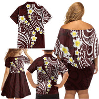 Plumeria With Oxblood Polynesian Tattoo Pattern Family Matching Off Shoulder Short Dress and Hawaiian Shirt LT05 - Polynesian Pride