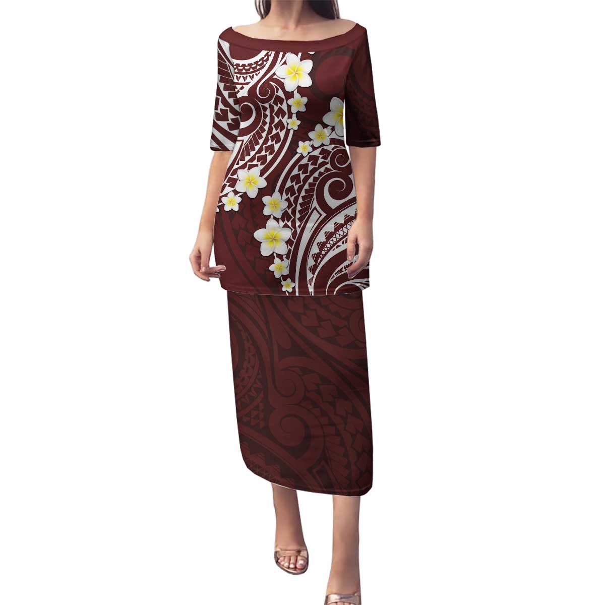 Plumeria With Oxblood Polynesian Tattoo Pattern Family Matching Puletasi and Hawaiian Shirt LT05 Mom's Dress Red - Polynesian Pride
