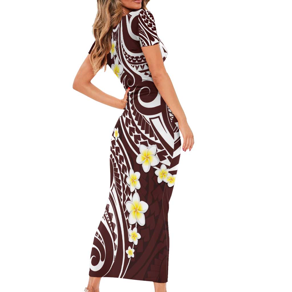 Plumeria With Oxblood Polynesian Tattoo Pattern Family Matching Short Sleeve Bodycon Dress and Hawaiian Shirt LT05 - Polynesian Pride