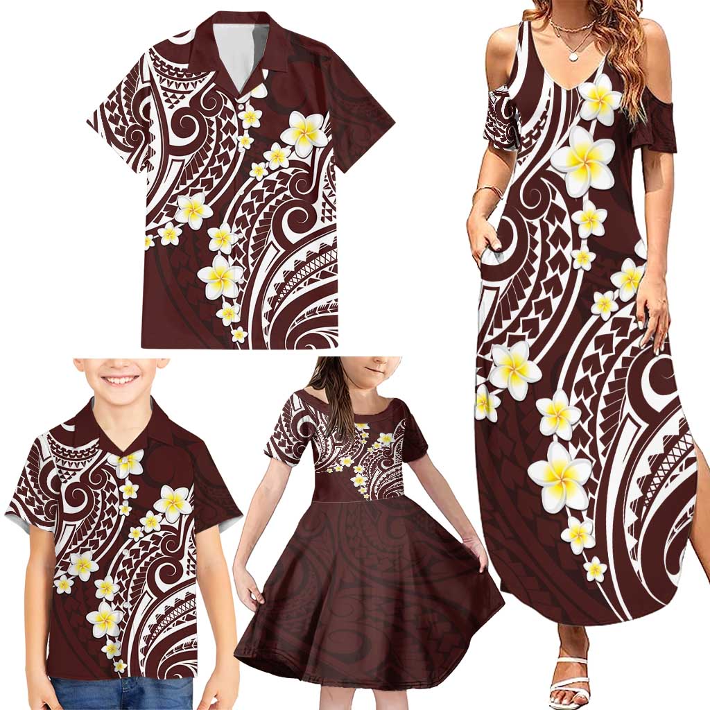 Plumeria With Oxblood Polynesian Tattoo Pattern Family Matching Summer Maxi Dress and Hawaiian Shirt LT05 - Polynesian Pride