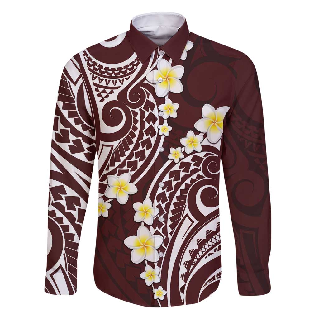 Plumeria With Oxblood Polynesian Tattoo Pattern Family Matching Tank Maxi Dress and Hawaiian Shirt LT05 Dad's Shirt - Long Sleeve Red - Polynesian Pride