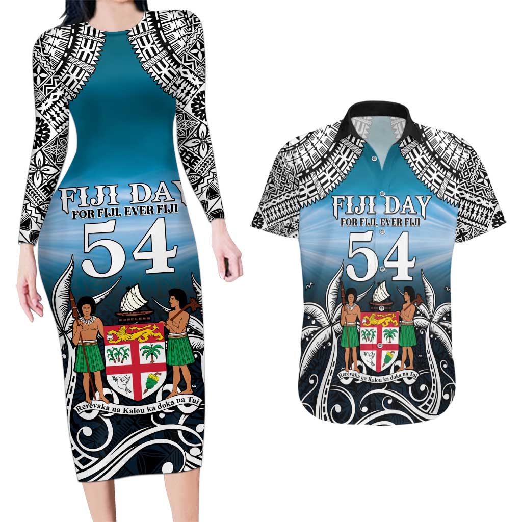 Personalised Happy 54th Fiji Day Couples Matching Long Sleeve Bodycon Dress and Hawaiian Shirt Forever Fiji With Tapa Tribal Pattern LT05 Blue - Polynesian Pride