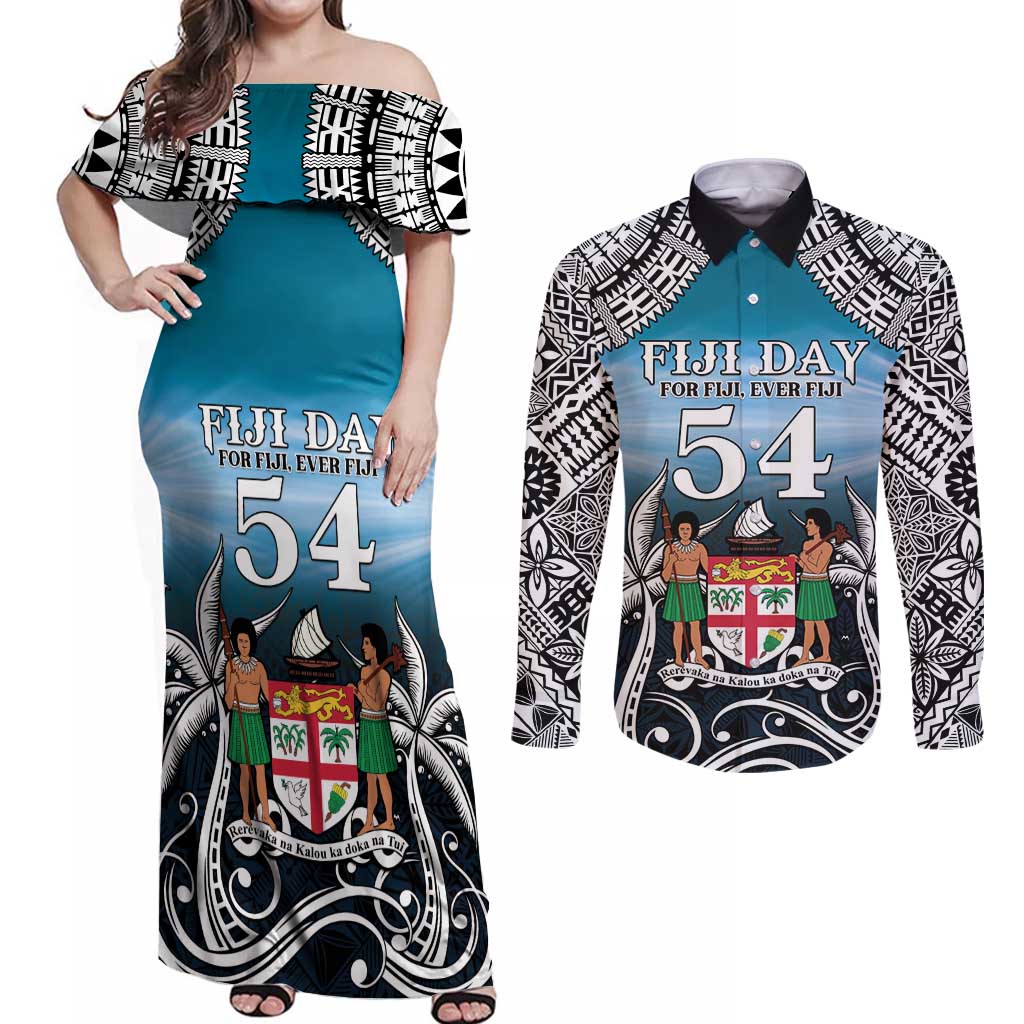 Personalised Happy 54th Fiji Day Couples Matching Off Shoulder Maxi Dress and Long Sleeve Button Shirt Forever Fiji With Tapa Tribal Pattern LT05 Blue - Polynesian Pride