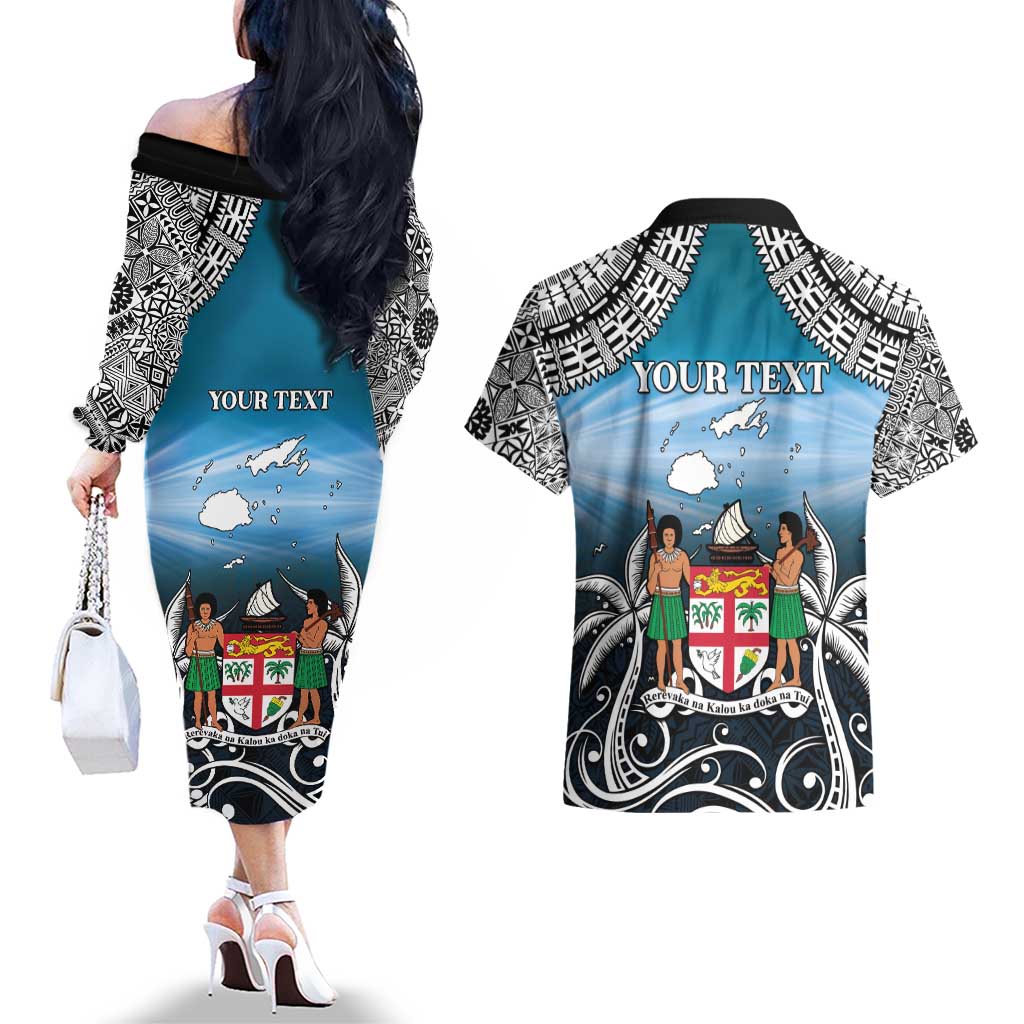 Personalised Happy 54th Fiji Day Couples Matching Off The Shoulder Long Sleeve Dress and Hawaiian Shirt Forever Fiji With Tapa Tribal Pattern LT05 - Polynesian Pride
