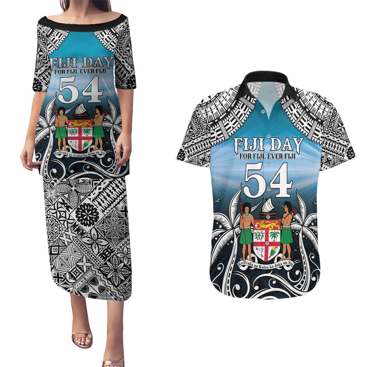 Personalised Happy 54th Fiji Day Couples Matching Puletasi and Hawaiian Shirt Forever Fiji With Tapa Tribal Pattern LT05 Blue - Polynesian Pride