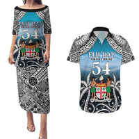 Personalised Happy 54th Fiji Day Couples Matching Puletasi and Hawaiian Shirt Forever Fiji With Tapa Tribal Pattern LT05 Blue - Polynesian Pride
