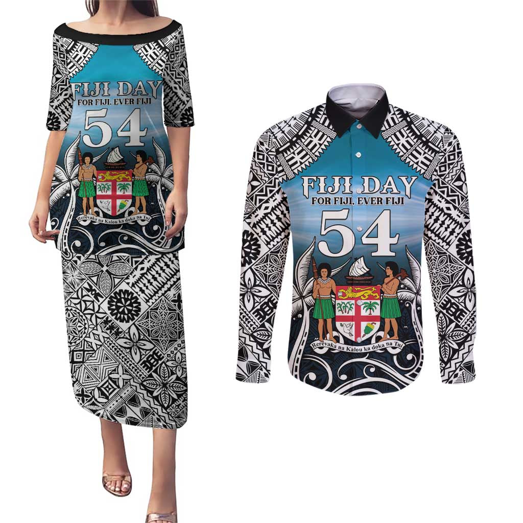Personalised Happy 54th Fiji Day Couples Matching Puletasi and Long Sleeve Button Shirt Forever Fiji With Tapa Tribal Pattern LT05 Blue - Polynesian Pride