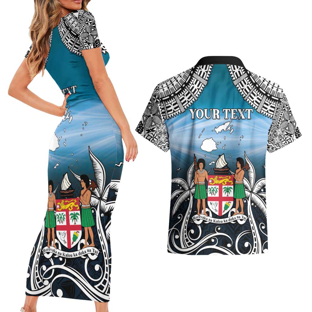 Personalised Happy 54th Fiji Day Couples Matching Short Sleeve Bodycon Dress and Hawaiian Shirt Forever Fiji With Tapa Tribal Pattern LT05 - Polynesian Pride