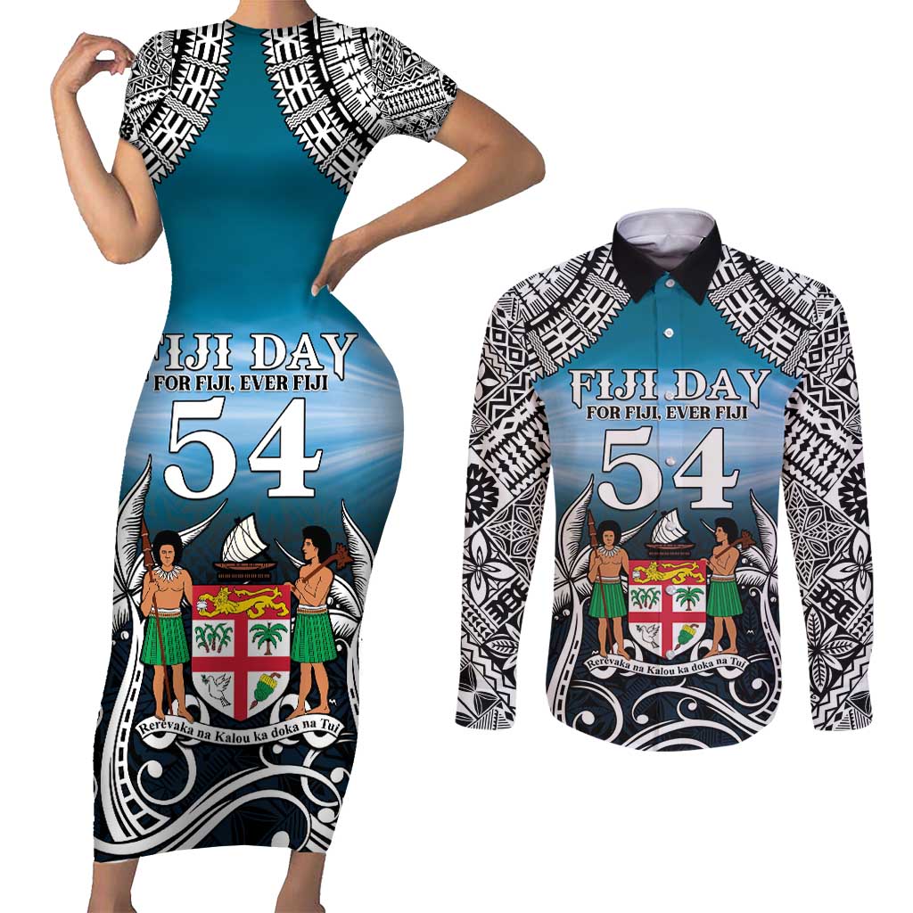 Personalised Happy 54th Fiji Day Couples Matching Short Sleeve Bodycon Dress and Long Sleeve Button Shirt Forever Fiji With Tapa Tribal Pattern LT05 Blue - Polynesian Pride