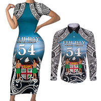 Personalised Happy 54th Fiji Day Couples Matching Short Sleeve Bodycon Dress and Long Sleeve Button Shirt Forever Fiji With Tapa Tribal Pattern LT05 Blue - Polynesian Pride