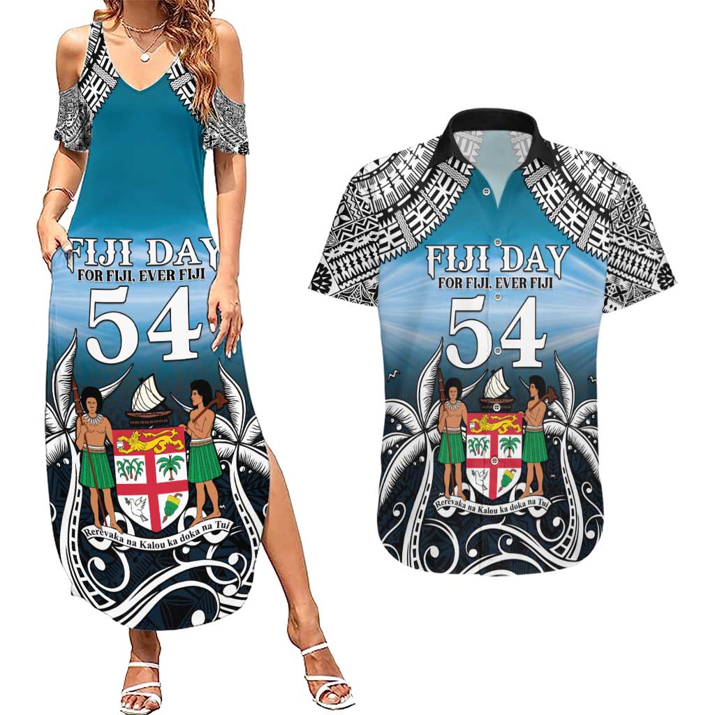 Personalised Happy 54th Fiji Day Couples Matching Summer Maxi Dress and Hawaiian Shirt Forever Fiji With Tapa Tribal Pattern LT05 Blue - Polynesian Pride