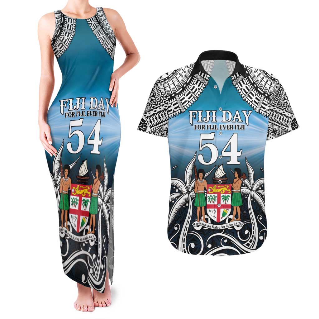 Personalised Happy 54th Fiji Day Couples Matching Tank Maxi Dress and Hawaiian Shirt Forever Fiji With Tapa Tribal Pattern LT05 Blue - Polynesian Pride