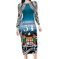 Personalised Happy 54th Fiji Day Family Matching Long Sleeve Bodycon Dress and Hawaiian Shirt Forever Fiji With Tapa Tribal Pattern LT05 Mom's Dress Blue - Polynesian Pride