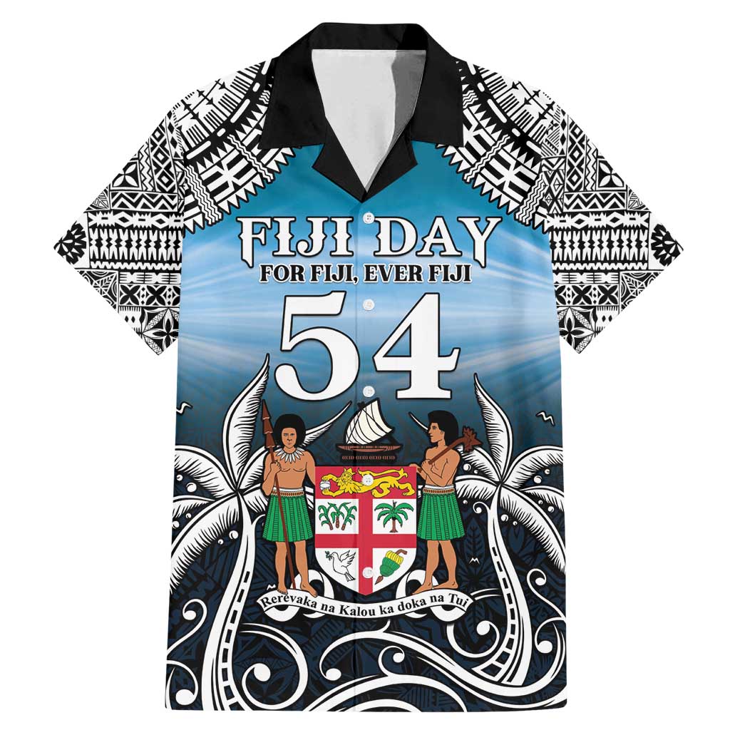 Personalised Happy 54th Fiji Day Family Matching Mermaid Dress and Hawaiian Shirt Forever Fiji With Tapa Tribal Pattern LT05 Dad's Shirt - Short Sleeve Blue - Polynesian Pride