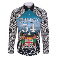 Personalised Happy 54th Fiji Day Family Matching Mermaid Dress and Hawaiian Shirt Forever Fiji With Tapa Tribal Pattern LT05 Dad's Shirt - Long Sleeve Blue - Polynesian Pride