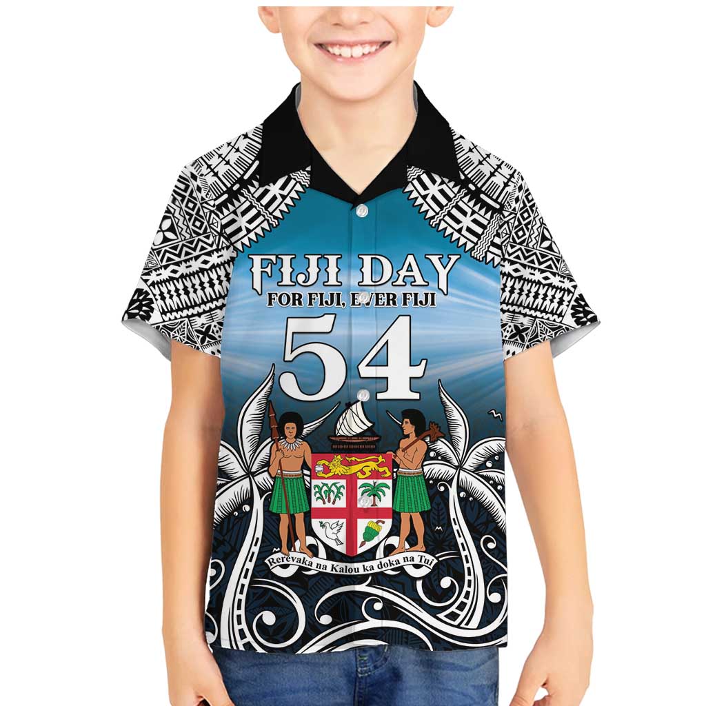 Personalised Happy 54th Fiji Day Family Matching Mermaid Dress and Hawaiian Shirt Forever Fiji With Tapa Tribal Pattern LT05 Son's Shirt Blue - Polynesian Pride