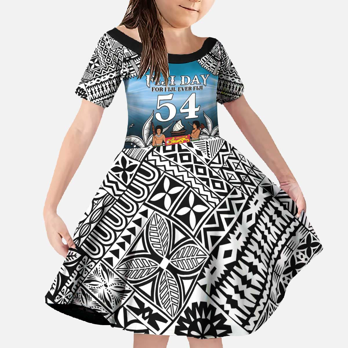 Personalised Happy 54th Fiji Day Family Matching Off The Shoulder Long Sleeve Dress and Hawaiian Shirt Forever Fiji With Tapa Tribal Pattern LT05 Daughter's Dress Blue - Polynesian Pride