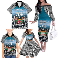 Personalised Happy 54th Fiji Day Family Matching Off The Shoulder Long Sleeve Dress and Hawaiian Shirt Forever Fiji With Tapa Tribal Pattern LT05 - Polynesian Pride