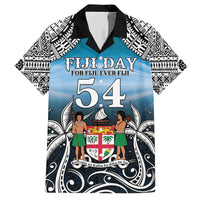 Personalised Happy 54th Fiji Day Family Matching Off The Shoulder Long Sleeve Dress and Hawaiian Shirt Forever Fiji With Tapa Tribal Pattern LT05 Dad's Shirt - Short Sleeve Blue - Polynesian Pride
