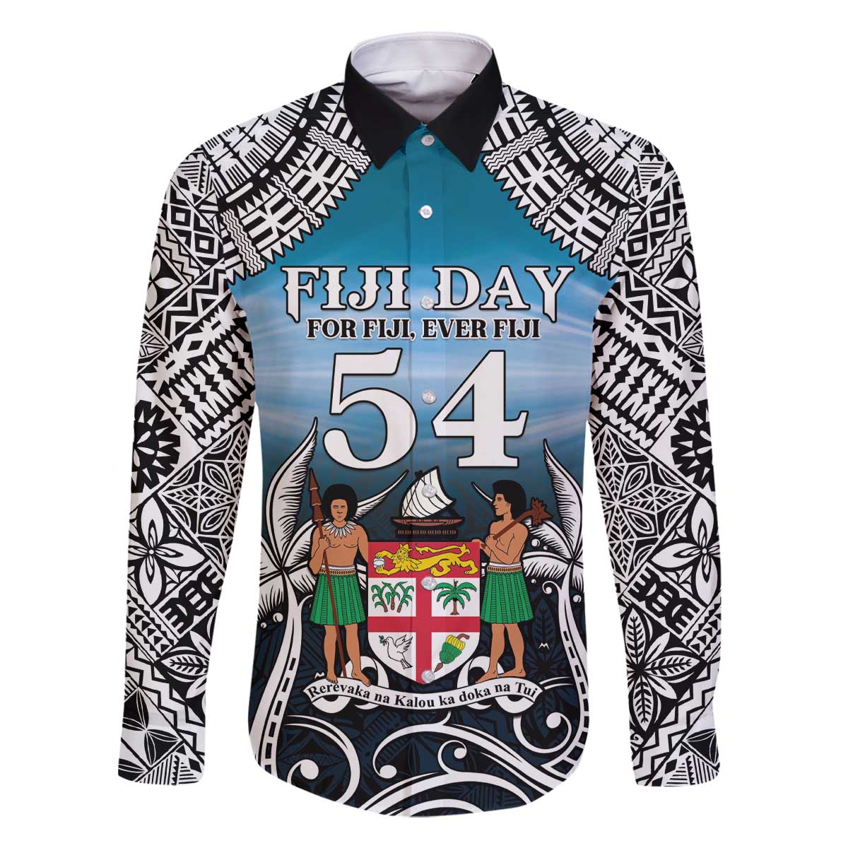 Personalised Happy 54th Fiji Day Family Matching Off The Shoulder Long Sleeve Dress and Hawaiian Shirt Forever Fiji With Tapa Tribal Pattern LT05 Dad's Shirt - Long Sleeve Blue - Polynesian Pride