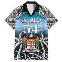 Personalised Happy 54th Fiji Day Family Matching Off Shoulder Maxi Dress and Hawaiian Shirt Forever Fiji With Tapa Tribal Pattern LT05 Dad's Shirt - Short Sleeve Blue - Polynesian Pride
