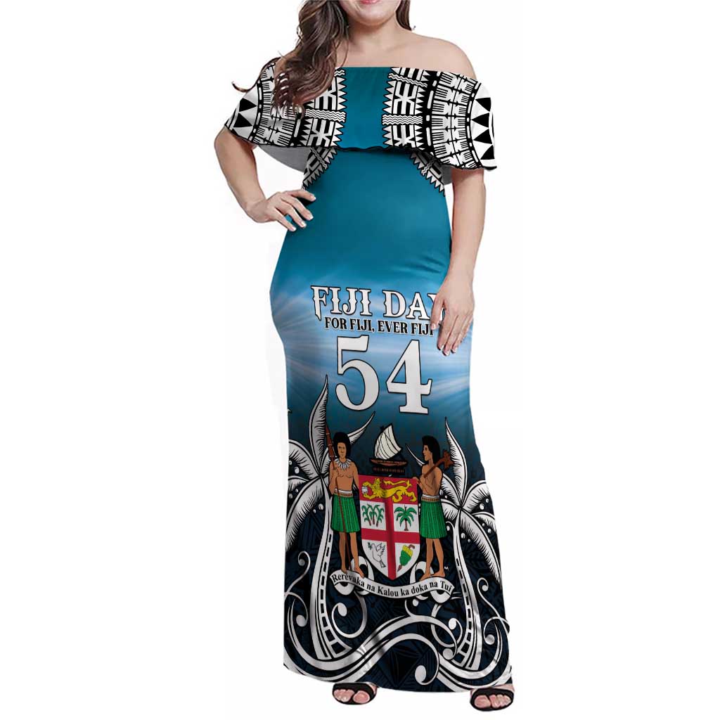 Personalised Happy 54th Fiji Day Family Matching Off Shoulder Maxi Dress and Hawaiian Shirt Forever Fiji With Tapa Tribal Pattern LT05 Mom's Dress Blue - Polynesian Pride