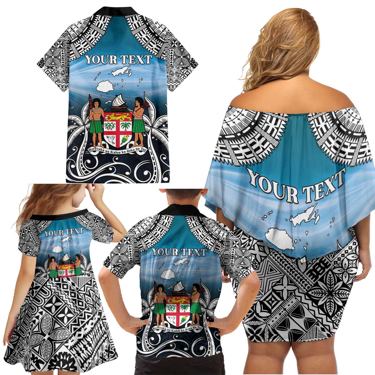Personalised Happy 54th Fiji Day Family Matching Off Shoulder Short Dress and Hawaiian Shirt Forever Fiji With Tapa Tribal Pattern LT05 - Polynesian Pride