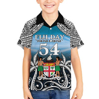 Personalised Happy 54th Fiji Day Family Matching Off Shoulder Short Dress and Hawaiian Shirt Forever Fiji With Tapa Tribal Pattern LT05 Son's Shirt Blue - Polynesian Pride