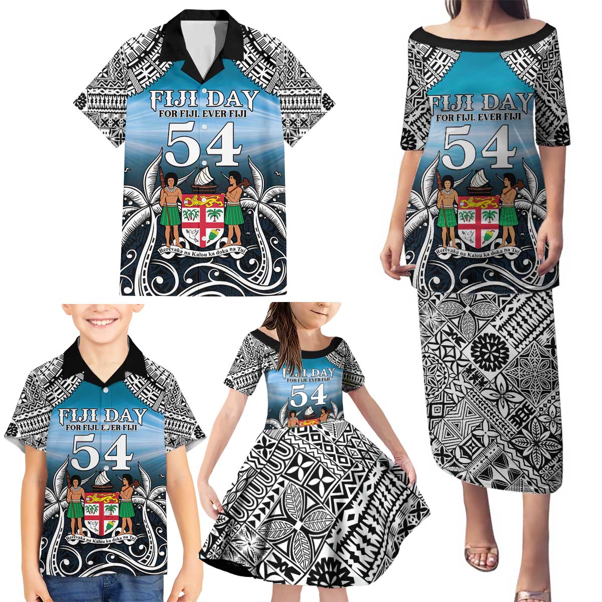 Personalised Happy 54th Fiji Day Family Matching Puletasi and Hawaiian Shirt Forever Fiji With Tapa Tribal Pattern LT05 - Polynesian Pride