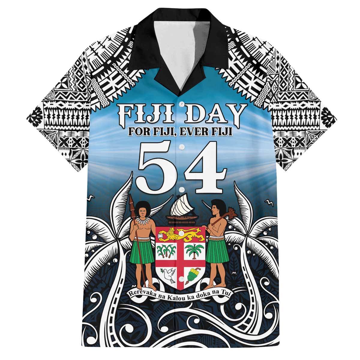 Personalised Happy 54th Fiji Day Family Matching Puletasi and Hawaiian Shirt Forever Fiji With Tapa Tribal Pattern LT05 Dad's Shirt - Short Sleeve Blue - Polynesian Pride