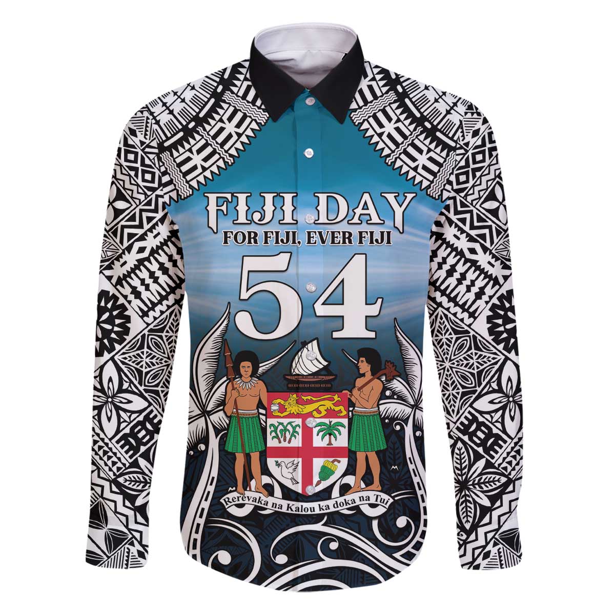 Personalised Happy 54th Fiji Day Family Matching Puletasi and Hawaiian Shirt Forever Fiji With Tapa Tribal Pattern LT05 Dad's Shirt - Long Sleeve Blue - Polynesian Pride