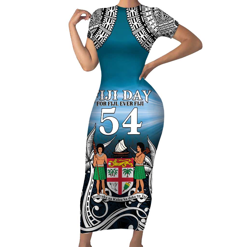Personalised Happy 54th Fiji Day Family Matching Short Sleeve Bodycon Dress and Hawaiian Shirt Forever Fiji With Tapa Tribal Pattern LT05 Mom's Dress Blue - Polynesian Pride
