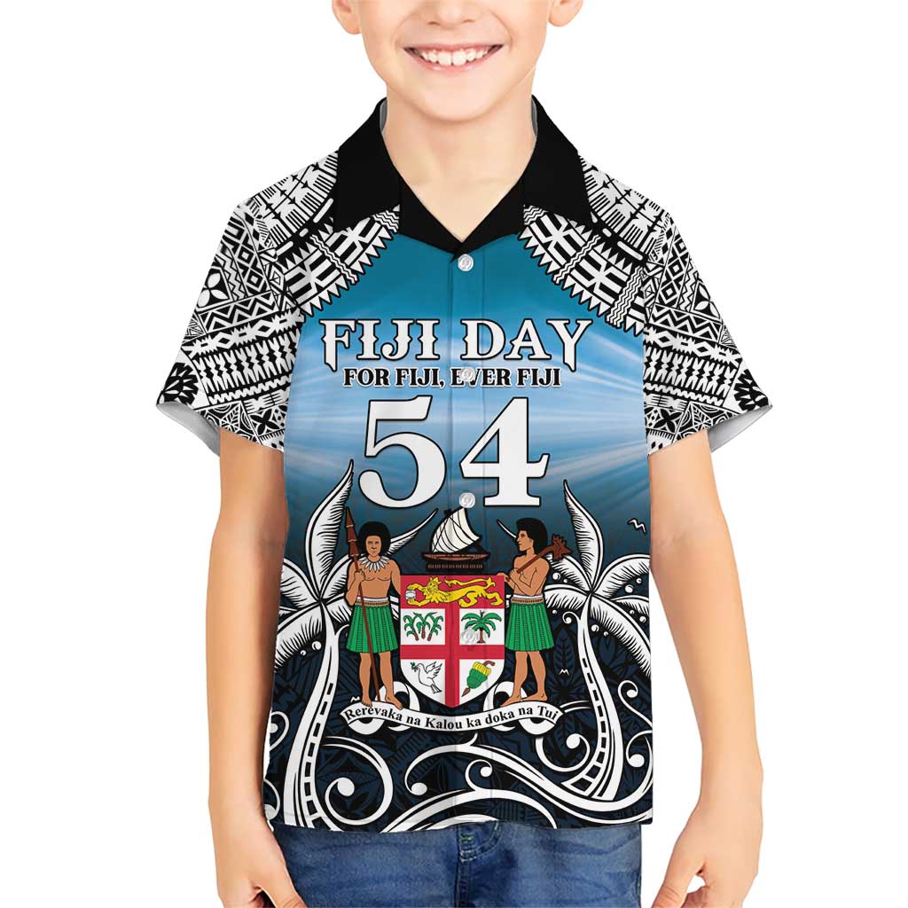 Personalised Happy 54th Fiji Day Family Matching Short Sleeve Bodycon Dress and Hawaiian Shirt Forever Fiji With Tapa Tribal Pattern LT05 Son's Shirt Blue - Polynesian Pride