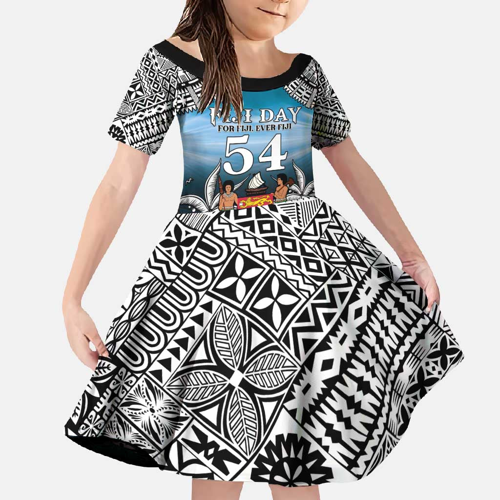 Personalised Happy 54th Fiji Day Family Matching Summer Maxi Dress and Hawaiian Shirt Forever Fiji With Tapa Tribal Pattern LT05 Daughter's Dress Blue - Polynesian Pride