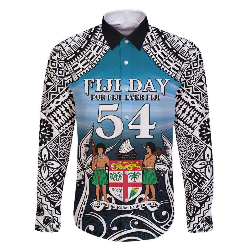 Personalised Happy 54th Fiji Day Family Matching Tank Maxi Dress and Hawaiian Shirt Forever Fiji With Tapa Tribal Pattern LT05 Dad's Shirt - Long Sleeve Blue - Polynesian Pride