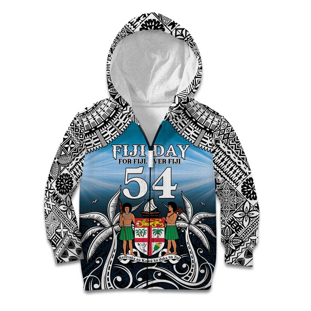 Personalised Happy 54th Fiji Day Kid Hoodie Forever Fiji With Tapa Tribal Pattern LT05 Zip Hoodie Blue - Polynesian Pride