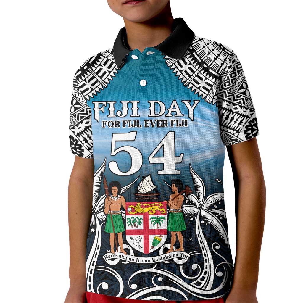 Personalised Happy 54th Fiji Day Kid Polo Shirt Forever Fiji With Tapa Tribal Pattern LT05 Kid Blue - Polynesian Pride