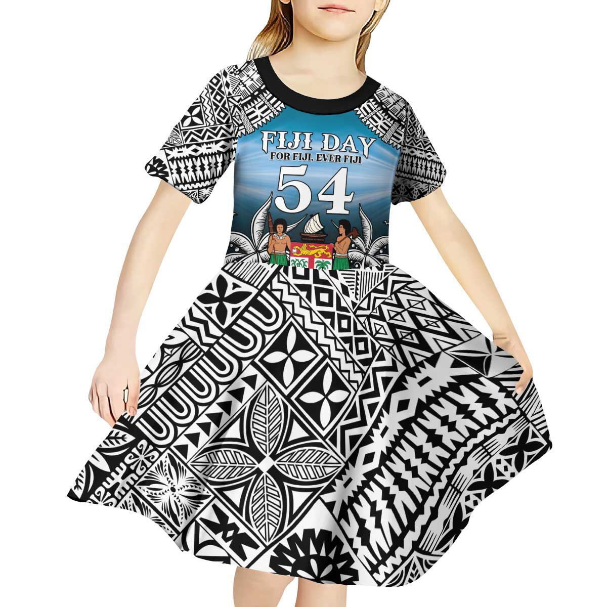 Personalised Happy 54th Fiji Day Kid Short Sleeve Dress Forever Fiji With Tapa Tribal Pattern LT05 - Polynesian Pride